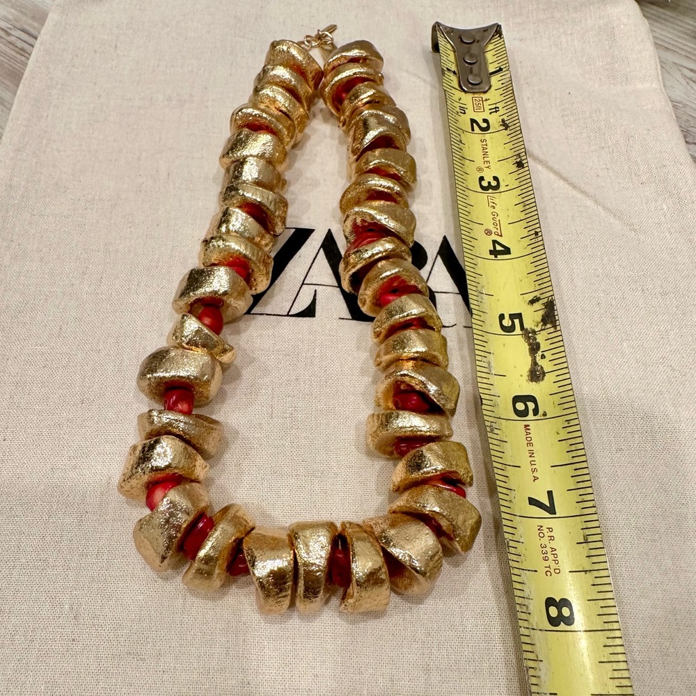Zara Mixed Stone Necklace - Gold and Coral Red Statement Necklace NWOT - Picture 9 of 11